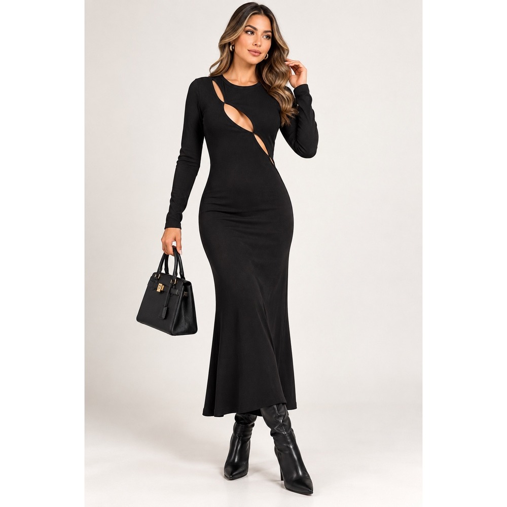 COMMENSE Black Asymmetric Cutout Ribbed Long Sleeve Maxi Dress Size L